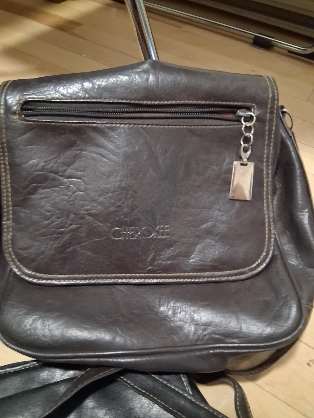 Cherokee Dark Brown Leather Messenger Bag with Metal Accent